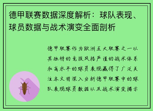 德甲联赛数据深度解析：球队表现、球员数据与战术演变全面剖析
